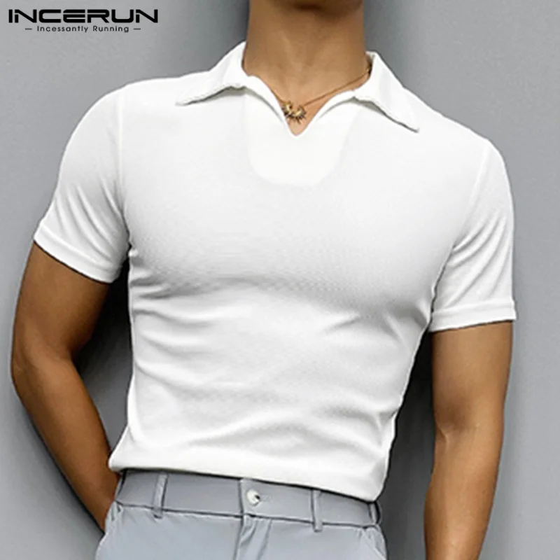 INCERUN قميص رجالي ذو طية صدر السترة وأكمام قصيرة بلون واحد ملابس رجالية غير رسمية ملابس الشارع الشهير على الطراز الكوري قمصان رجالية عصرية ترفيهية