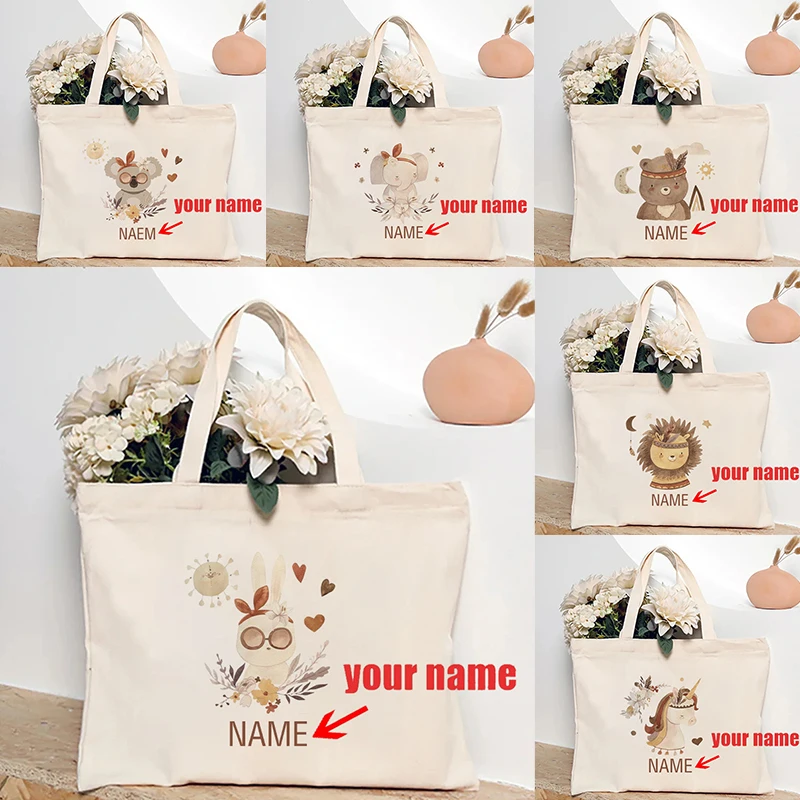 

Сумка для покупок с мультяшным животным и индивидуальным именем для детского сада, подарки в школу, осенняя сумка на плечо, рождественская сумка