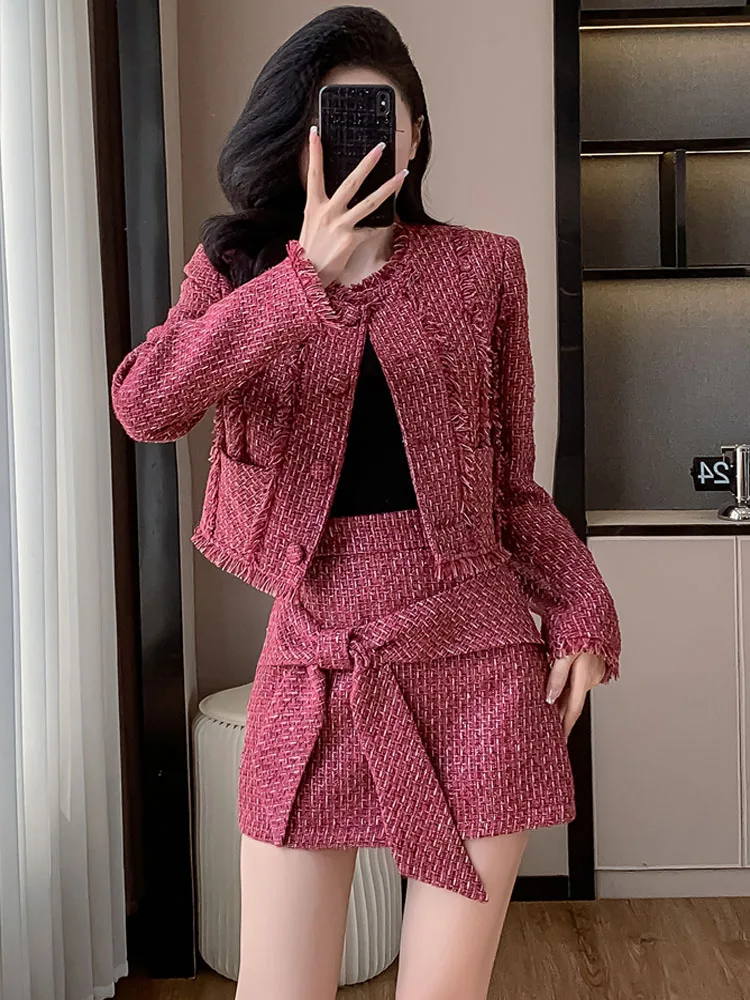 

High Quality Autumn French Elegant Tweed Two Piece Set Women Tassel Short Jacket Coat + Bowknot Mini Skirt Suits