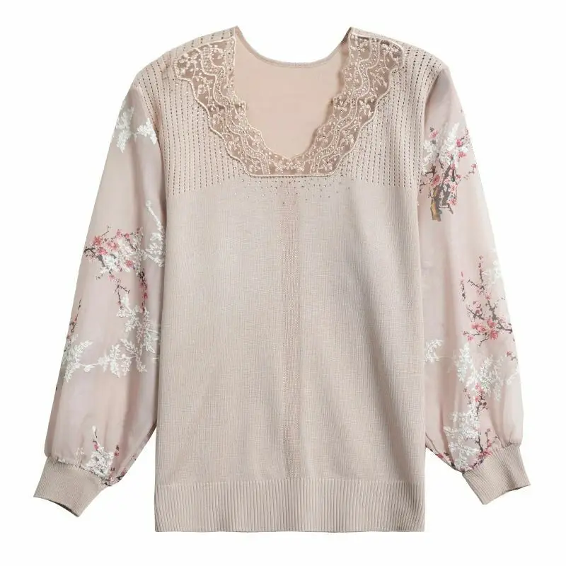 2023 Spring Autumn New Solid Color V-neck Long Sleeve Tees Women Elegant Tops Hollow Out Embroidered Diamonds Knitting Pullovers