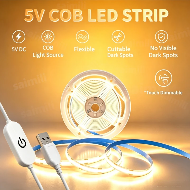 Flexible COB LED Tape USB Touch Dimmer Self Adhesive Linear Light High Density Dotless Design For Indoor Wardrobe Mirror Decor