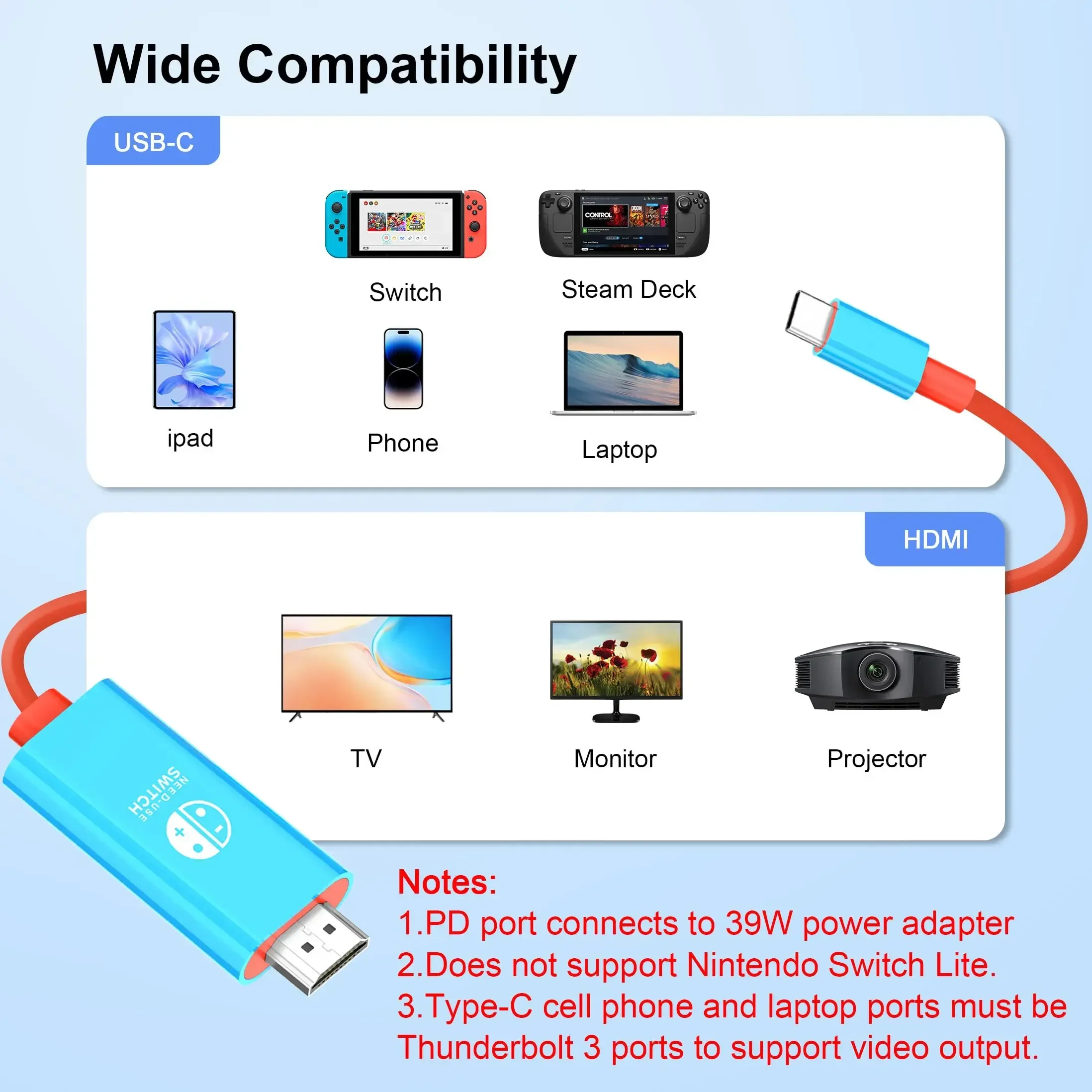 Type C to HDMl Cable for Switch with 4K 1080P 100W PD Charging Compatible with Laptop,Tablet, MobilePhone,SteamDeck