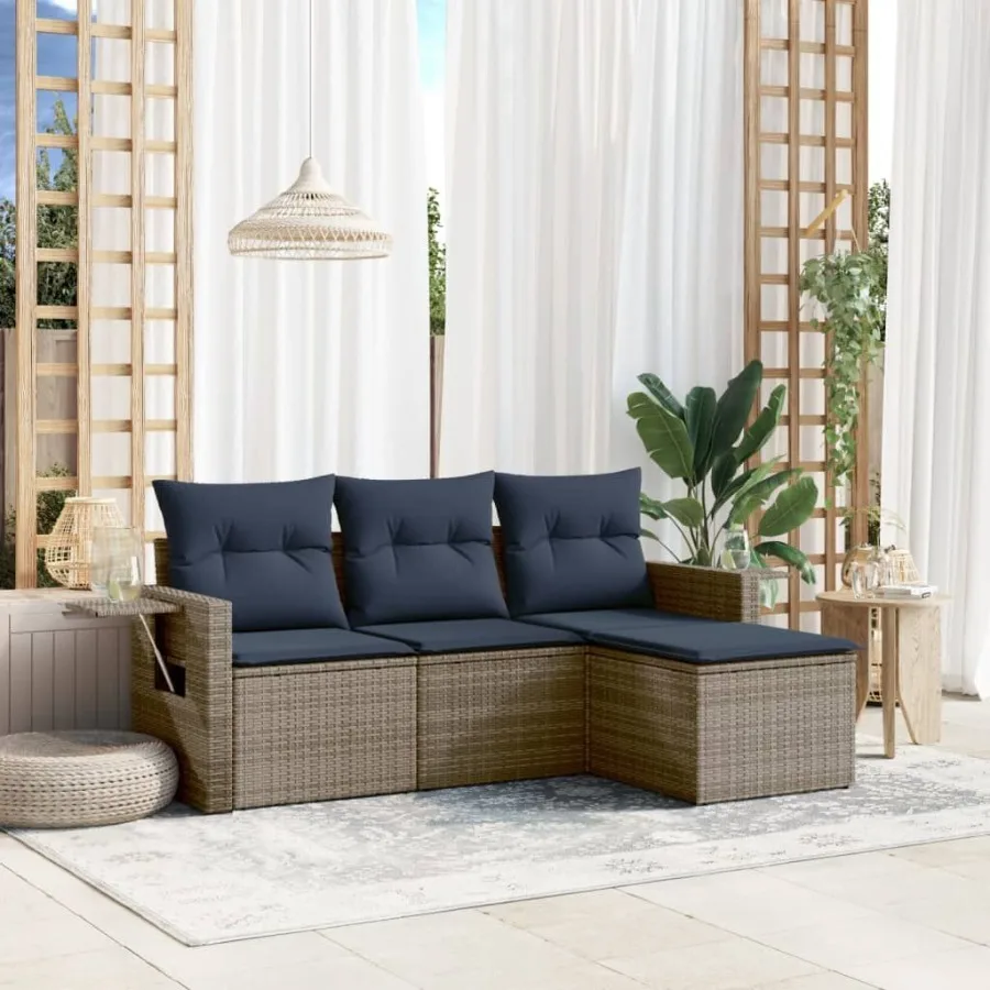 

4 Piece Patio Sofa Set with Cushions Gray Poly Rattan