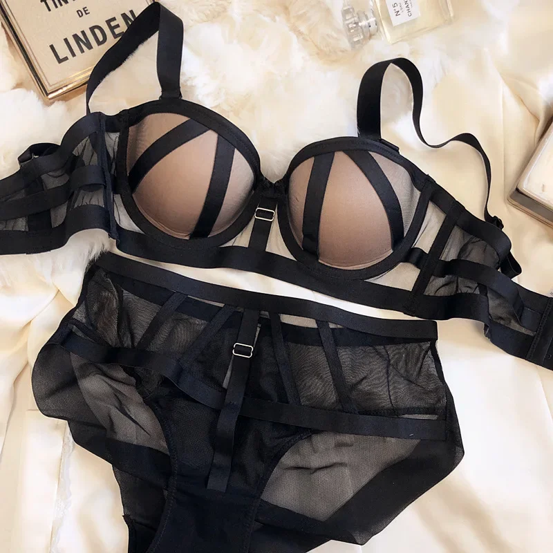 Europa Vrouwen Ondergoed Sexy Kant Push Up Bh Set Klassieke Bandage Brasserie Mesh Slipje Afneembare Band Comfort Lingerie Sets