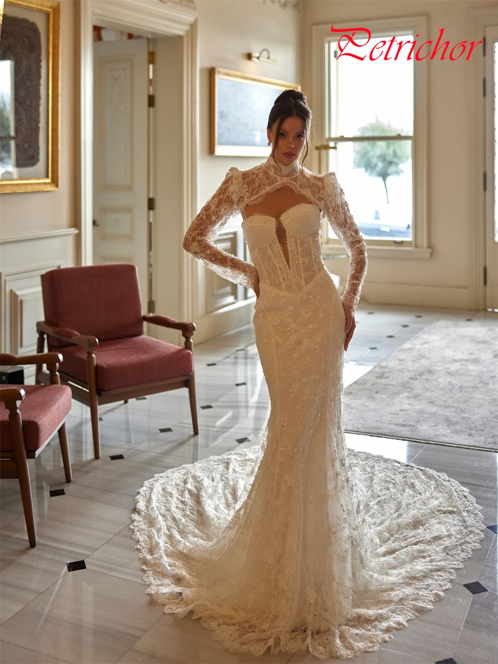 فستان زفاف بوهو عاجي مخصص من الدانتيل كلاسيكي على شكل قلب بدون أكمام زي العرائس حالمة حورية البحر ذيل محكمة فيستدو دي نوفيا