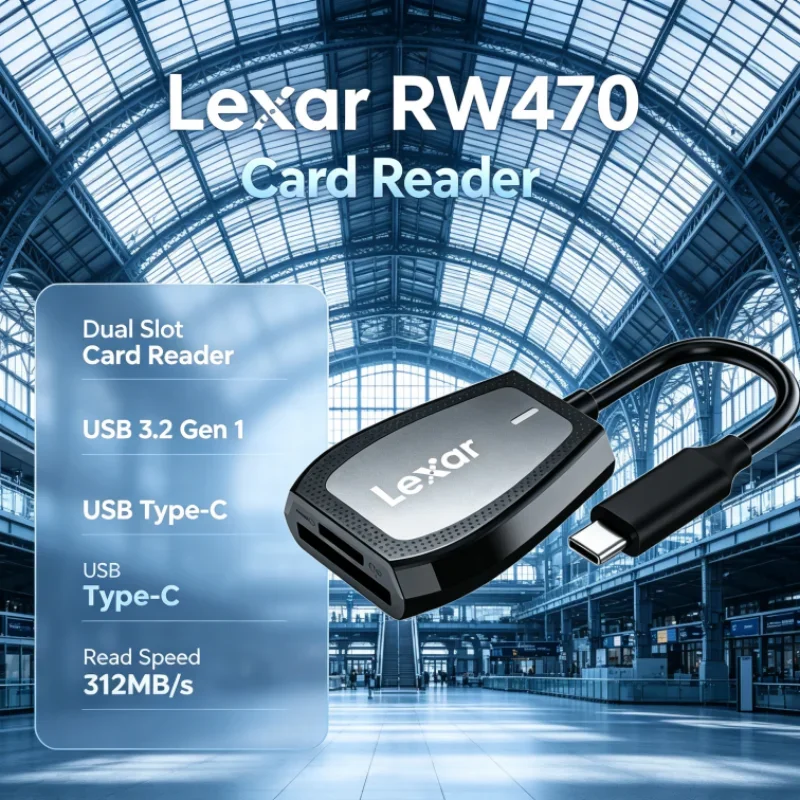 Lexar RW470 Dual Slot 2-in-1 Type-C USB 3.2 Gen1 SD microSD Card Reader UHS-II 312MB/s Transfer Speed for Camera Data Transfer