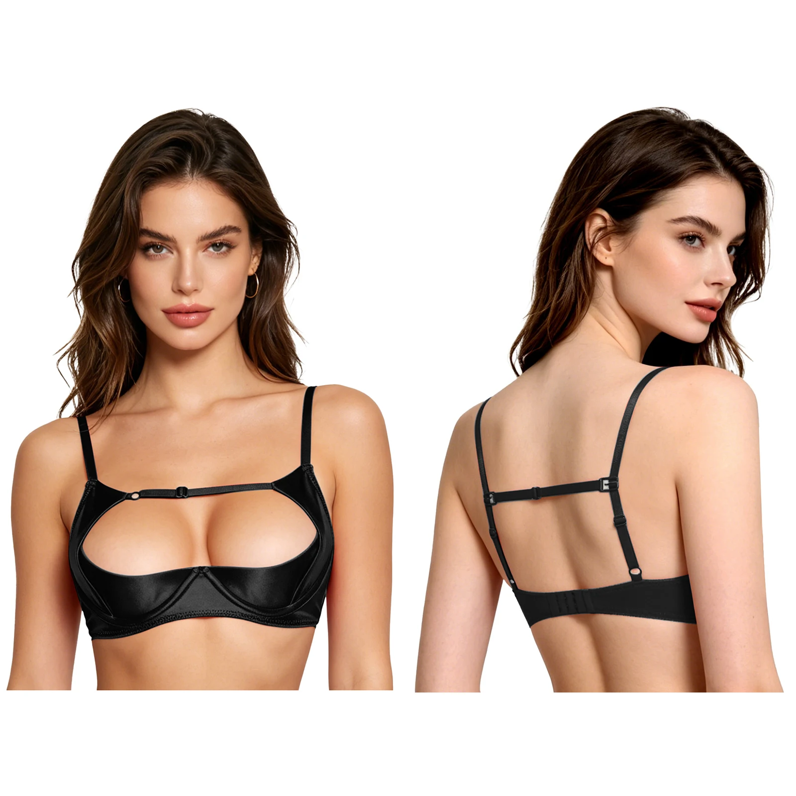 Women 1/4 Cups Expose Nipples Satin Bra Lingerie Nightwear Push-up Underwire Balconette Chest Brace for Nightclub Couple Game
