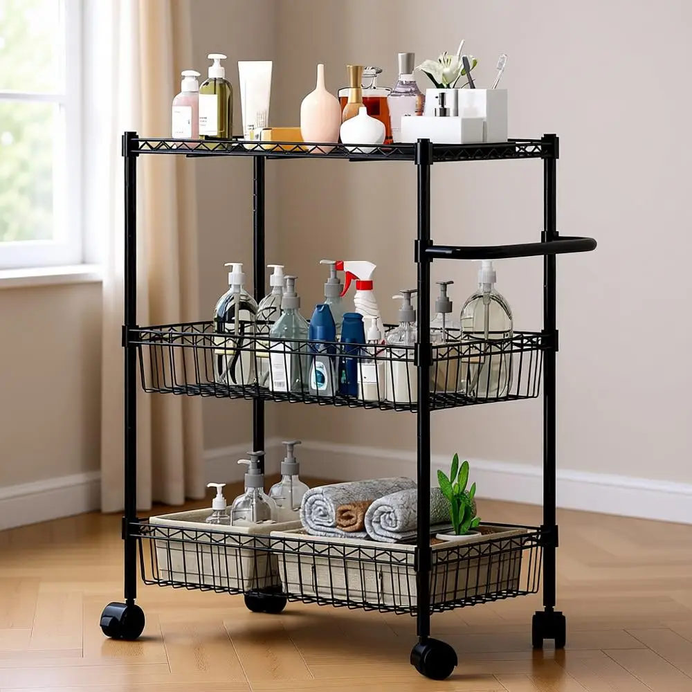 

Трехъярусная передвижная тележка для хранения на кухне с ручкой, проволочный органайзер-стеллаж для кладовой, ванной, офиса, прачечной