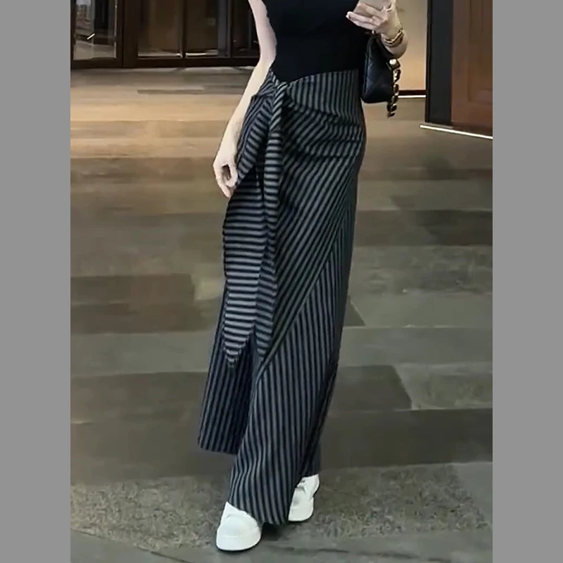 2025 summer new American style retro high waisted striped strap hanging half skirt women high waisted slim fit long skirt