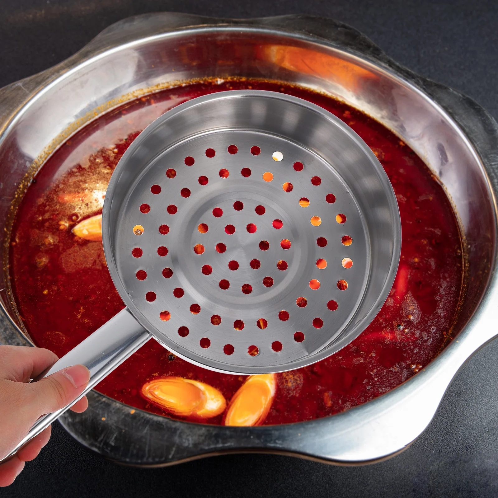 Colador de cucharón de camarones fresco, drenaje rápido con orificio grande, fondo plano para olla caliente, fideos fritos, freír profunda, acero inoxidable, 1 ud.