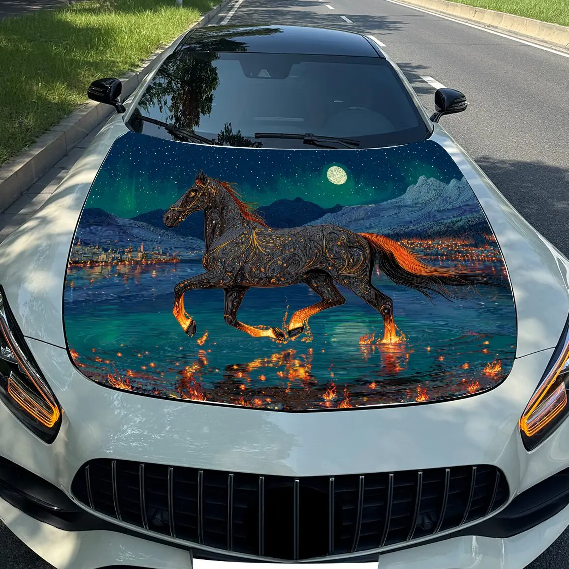 Fire Horses On The Stream Car Vinyl Wrap - Waterproof, Self-Adhesive, Scratch-Resistant Decal For Cars & Trucks, Durable Engine