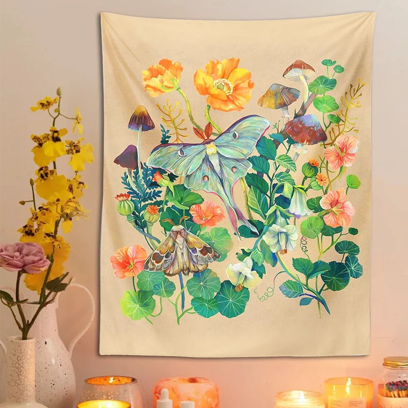 Floral Luna Moth Tapestry Wall Hanging Botanical Psychedelic Mushroom Flower Wildflower Rose Hippie Home Living Room Decor