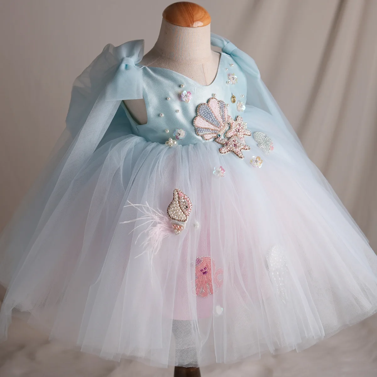 فستان بناتي الزهور فستان أطفال لؤلؤي على شكل صدفة المحيط - ملابس رسمية من التول الباستيل لحفلات أعياد الميلاد وحفلات الأميرة لالتقاط الصور