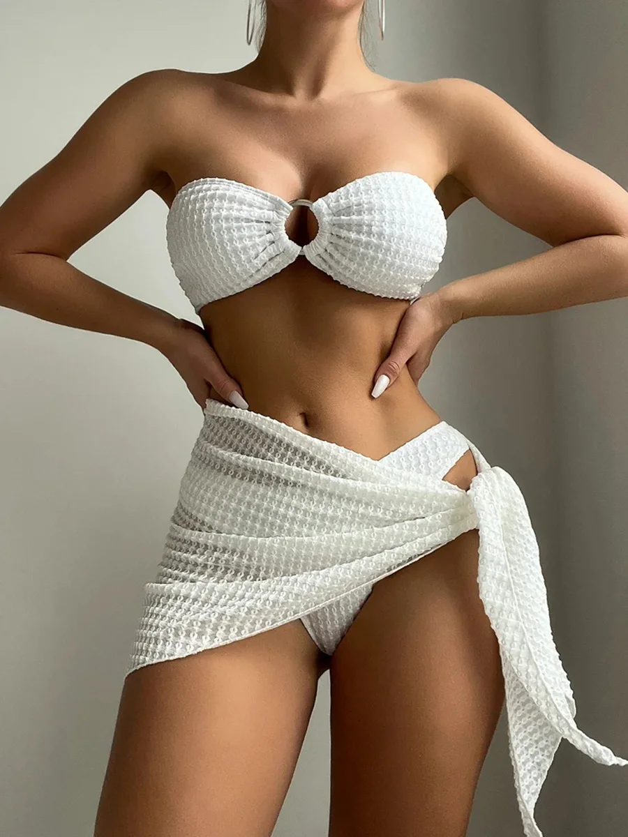 3PCS with Mesh Skirt Sarong Bandeau Bikini Female Swimsuit Women Swimwear Three-pieces Bikini Set Bathing Suit Swim Beach Wear