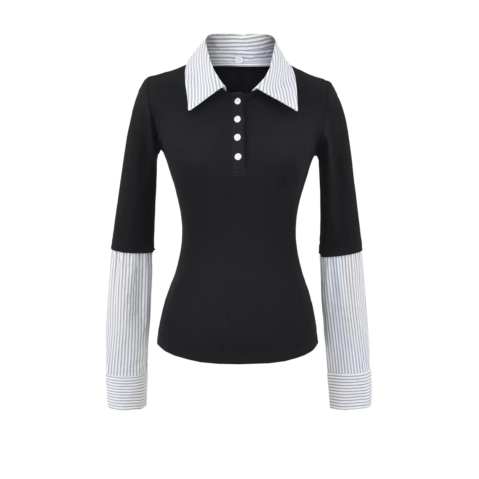

Women Polo Collar Patchwork Button Up Stripes Print Long-Sleeve Shirt Blouse