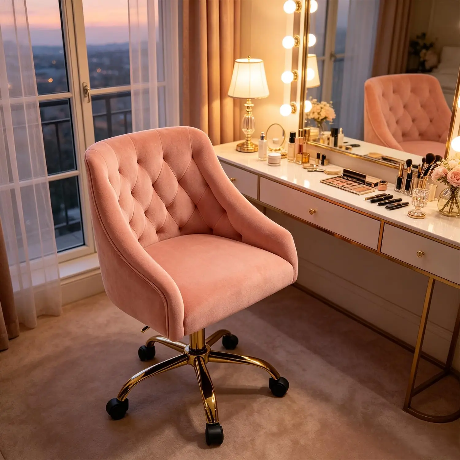 Velvet Home Office Desk Chair, Vanity Chair with Wheels Pretty Fancy Gold 360°Swivel Height Adjustable Office Chairs