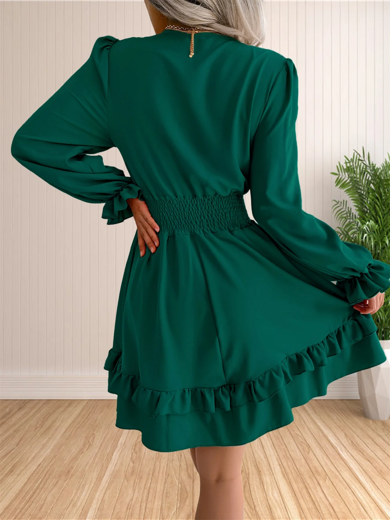 Women's Sexy Deep V Neck Knot Front Long Sleeve Smocked Wiast Ruffle Tiered Swing Mini Skater Dress