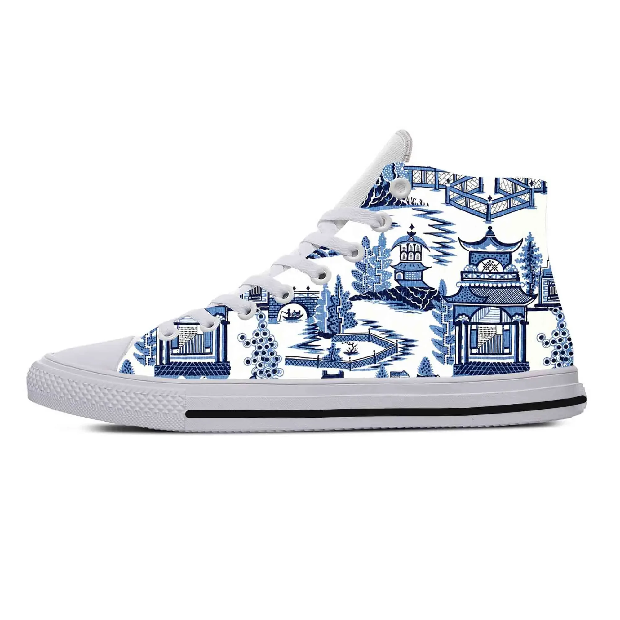 Blue White Willow Pagoda Chinoiserie Pattern Cool Casual Cloth Shoes High Top Comfortable Breathable 3D Print Men Women Sneakers