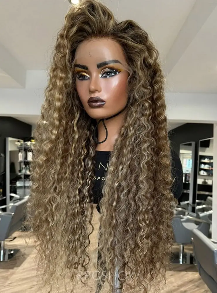 26 "الجديد في HD الدانتيل الجبهة غلويليس الشوكولاته البني Balayage الملونة شعر مستعار مقاومة للحرارة الفاخرة غريب مجعد الألياف الاصطناعية المخلوطة #4