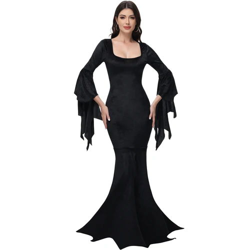 Imagen 2 del producto [Eres mi secreto] Vestido familiar negro primado de Halloween Morticia Adams Vestido gótico de cola de pez Vestido ajustado de manga acampanada
