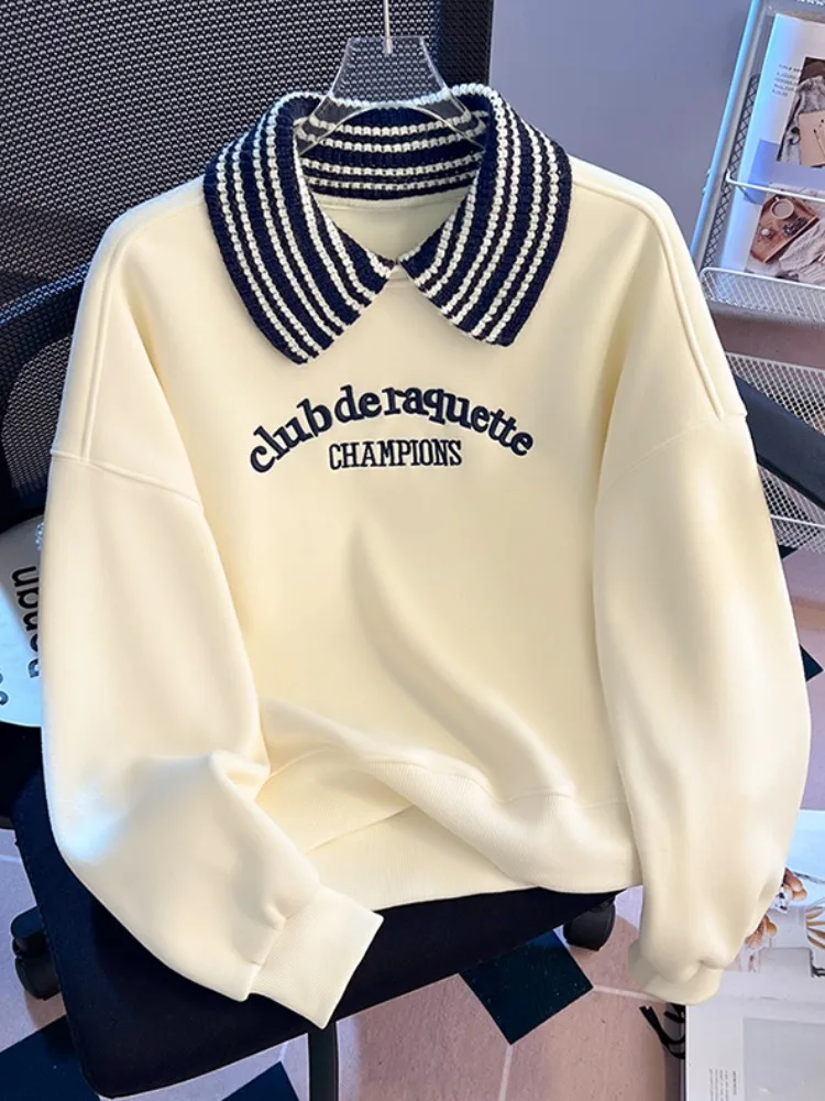 

Женский вязаный свитер на подкладке большого размера, пуловер с воротником, длинный све, полосатый текстиль, оригинальный дизайн, новинка зимы...