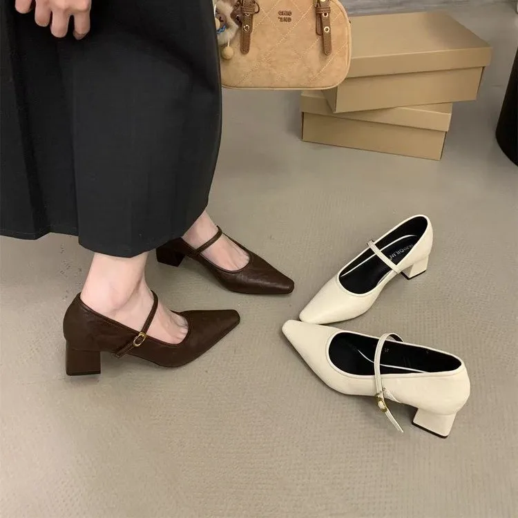 

2024, французские весенние новые туфли на высоком каблуке в стиле ретро, мягкие кожаные туфли с одним ремешком, туфли Мэри Джейн с острым темпераментом, роскошное модное платье