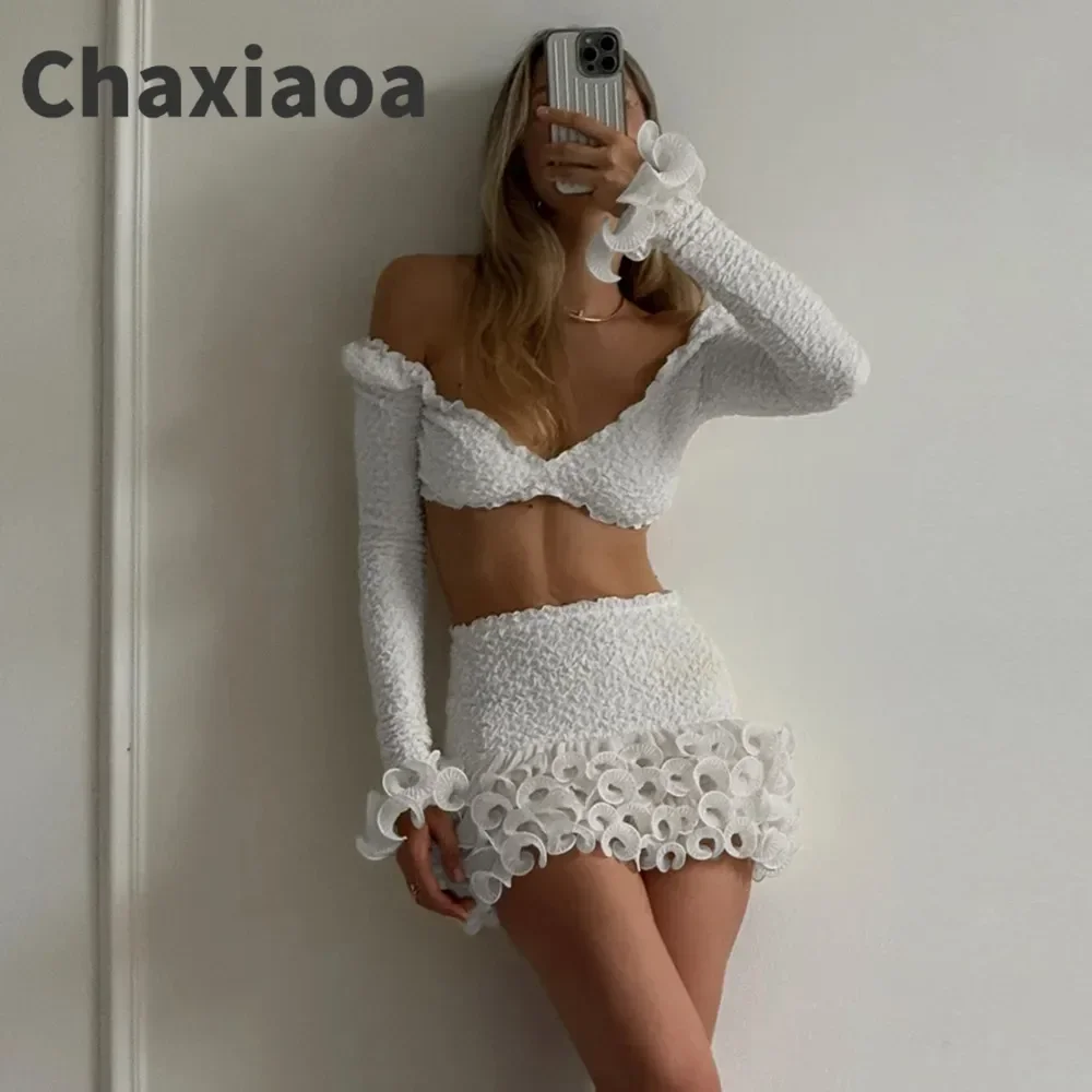 

Chaxiaoa Осенний топ без бретелек с длинными рукавами, юбка с рюшами, комплект из 2 предметов для женщин, сексуальная модная женская юбка, одинаковые комплекты, элегантные комплекты