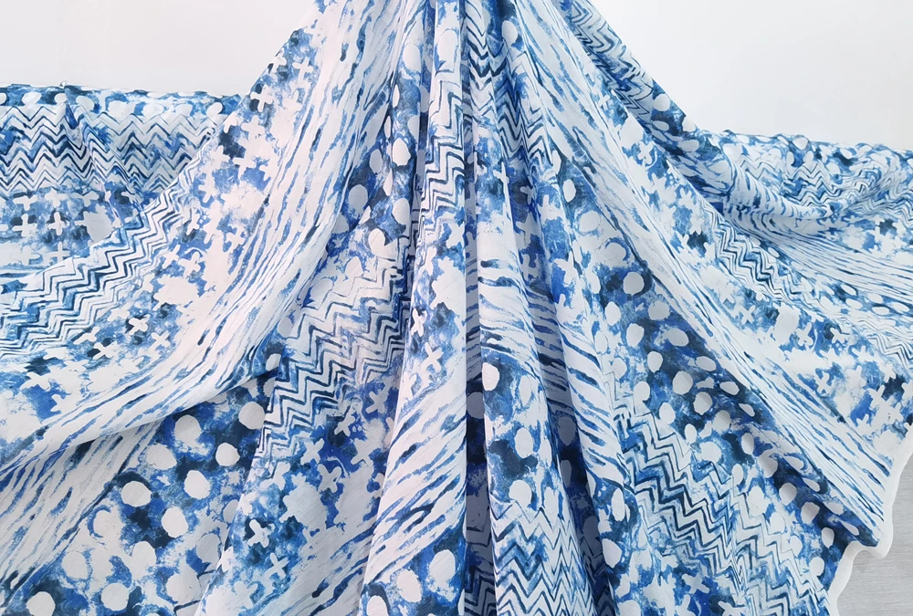 Naturseiden-Baumwollstoff, 53 Zoll breit, Meterware, blaues weißes Muster, Hemdkleid, Stoff, Maulbeere – Detail 4