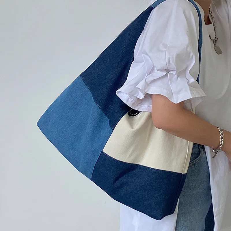 Patchwork Design Women Shoulder Bag 2024 Fashion Denim Female Handbags large capacity Jeans big Totes Axillary bags blue bolsa