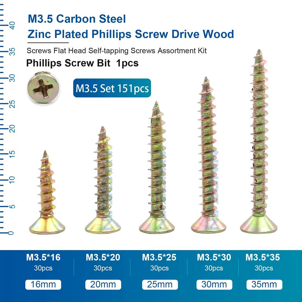 NINDEJIN Wood Screw Kit M3.5 M4 Cross Recessed Fiberboard Screw Zinc Plated Flat Phillips Head Self Tapping Screw for Chipboard