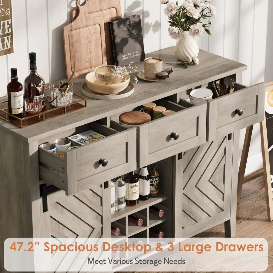 47.2 in Farmhouse Buffet Cabinet with Sliding Barn Door, Rustic Sideboard with 3 Drawer, Removable Wine Rack, Farmhouse Sideboa