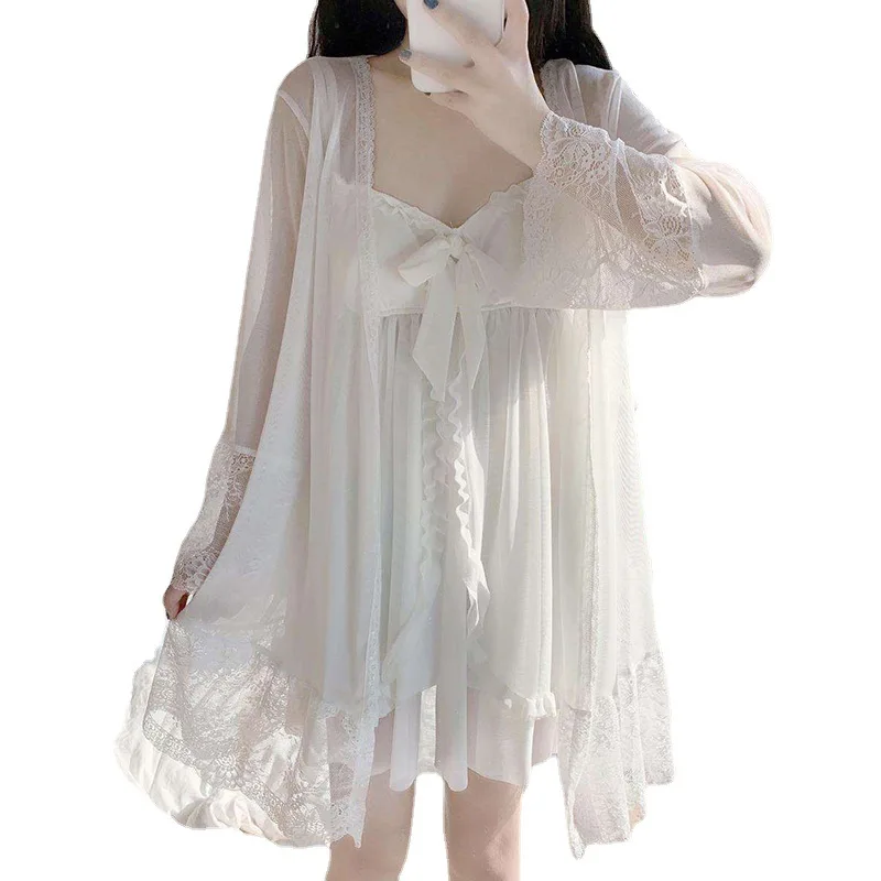 Summer Sexy Pajamas with Breast Pads Female Lace Pajamas Robe Gown Set Sexy Sleepwear White Lace Night Gown  Lingerie for Women