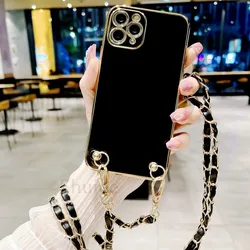 Luxury PU Leather Chain Crossbody Lanyard Case For iPhone 16 15 14 13 12 11 Pro Max Mini XS X 7 8 Plus Plating TPU Strap Cover