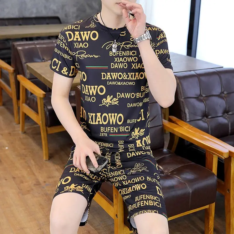 High-end Men's Ice Silk Short Sleeve Shorts Sports Set Summer Printed T-shirt Fashion Casual Home Running Men Clothing