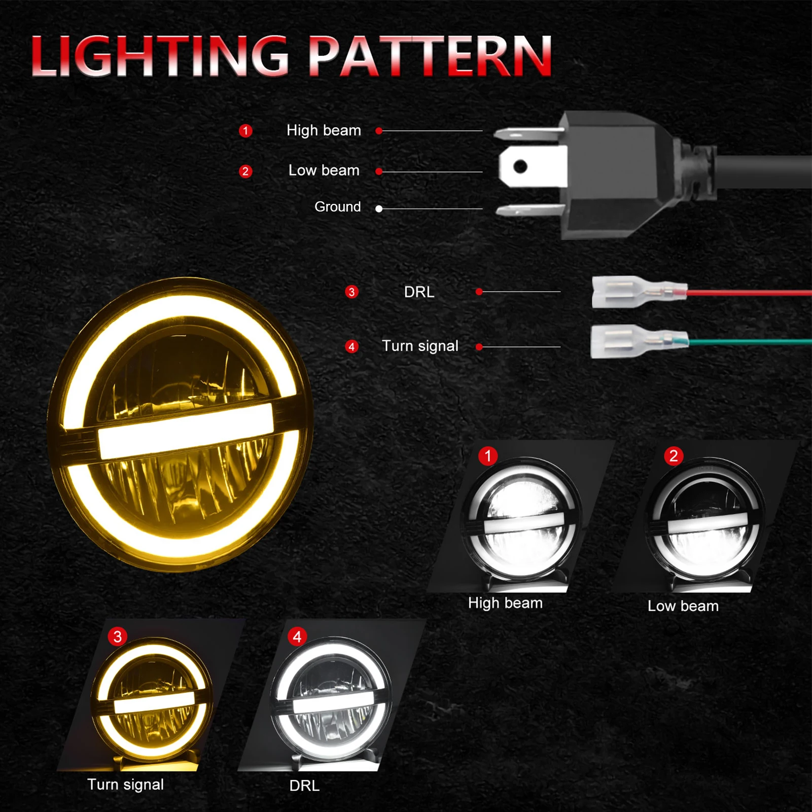 

Комплект из 2 круглых светодиодных фар, 7-дюймовые фары с белым дальним/ближним светом, янтарный указатель поворота, DRL, рейтинг IP67, совместимые с автомобилями