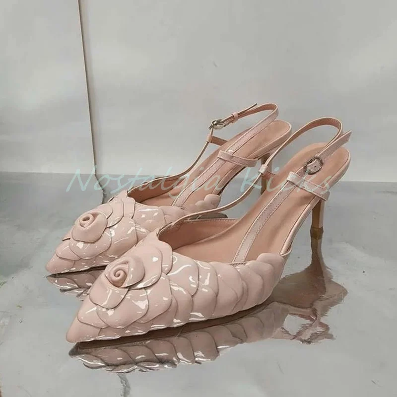 

Elegant Light Pink Pointed Toe Flower Decorated Sandals Patent Leather Ankle Strap Thin Heel Pumps Party Office Lady Shoes