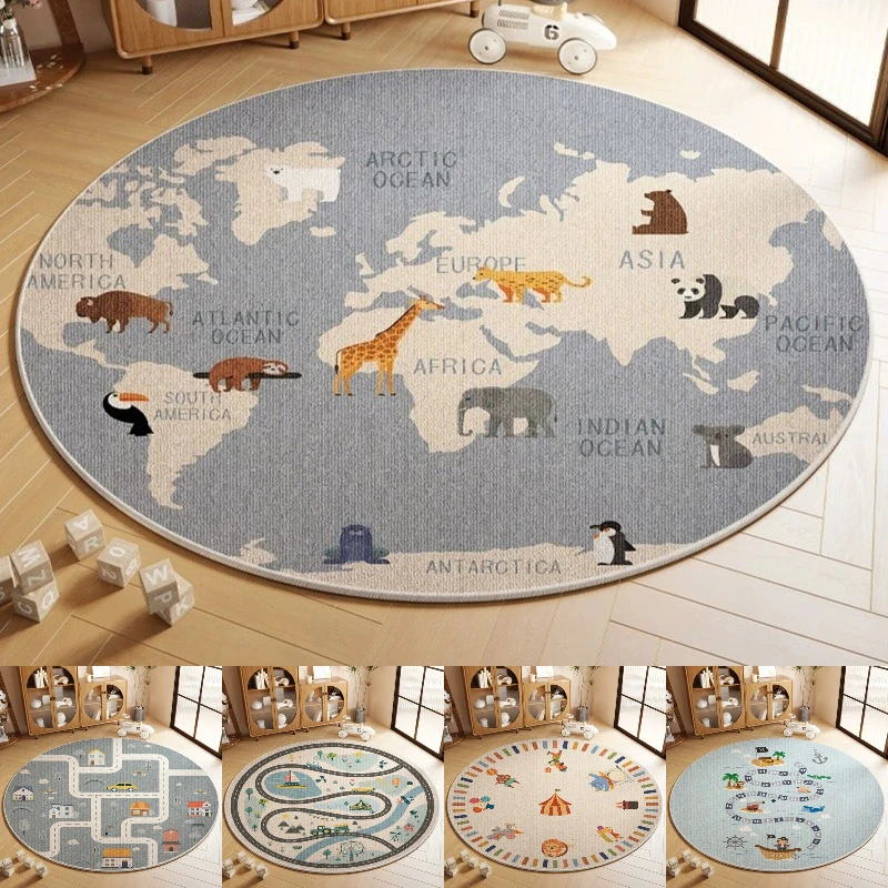 

World Map Printing Large Area Round Rug Non-Slip Wear-resistant Circle Carpet for Living Room Bedroom Soft Floor Mat Home Decor