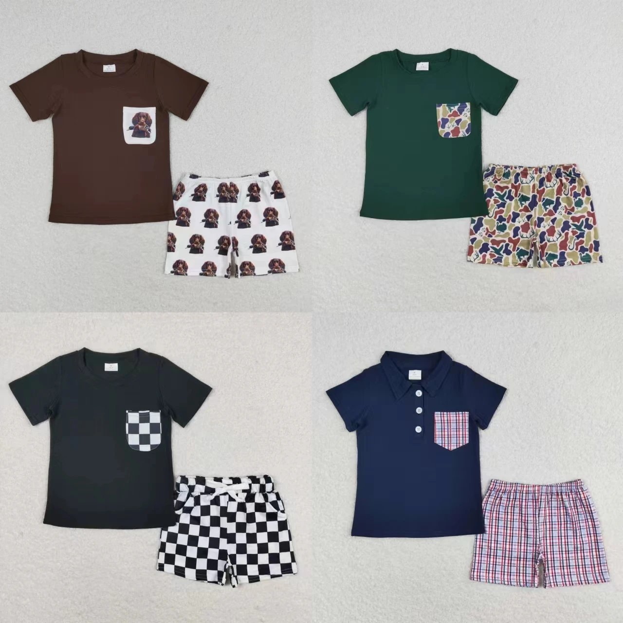 

Wholesale Baby Boy Summer Set Children Short Sleeves Pocket T-shirts Tee Ducks Camo Plaid Shorts Toddler Infant Outfit Clothing