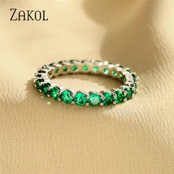 ZAKOL Fashion Round White Green Cubic Zirconia Wedding Rings for Women Girl Party Jewelry Birthday Gift RP189
