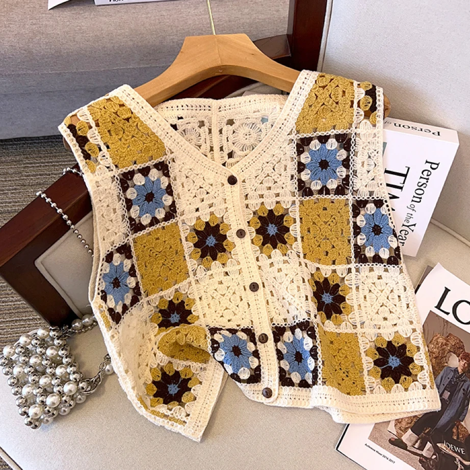 Flower Colored Hollowed Out Knitted Vest Women\'s Summer V-neck Geometric Floral Cardigan Vintage Loose Crop Top Waistcoat