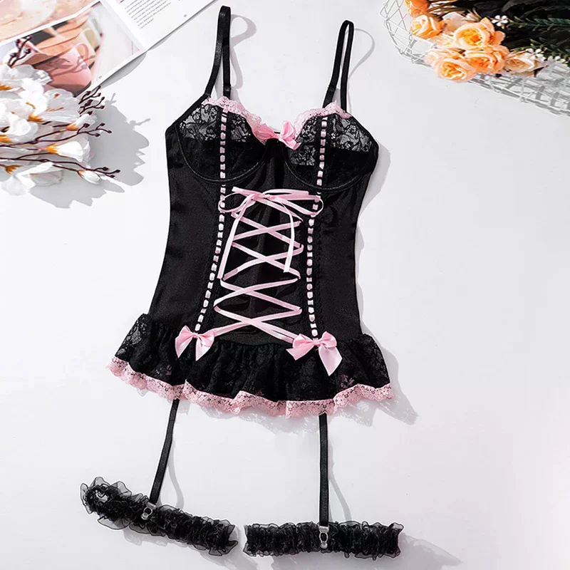 

Женский сексуальный комплект с бюстгальтером, нижнее белье, кружевное лоскутное белье с бантом, сексуальный бюстгальтер и трусики с подвязками, комплект одежды для сна