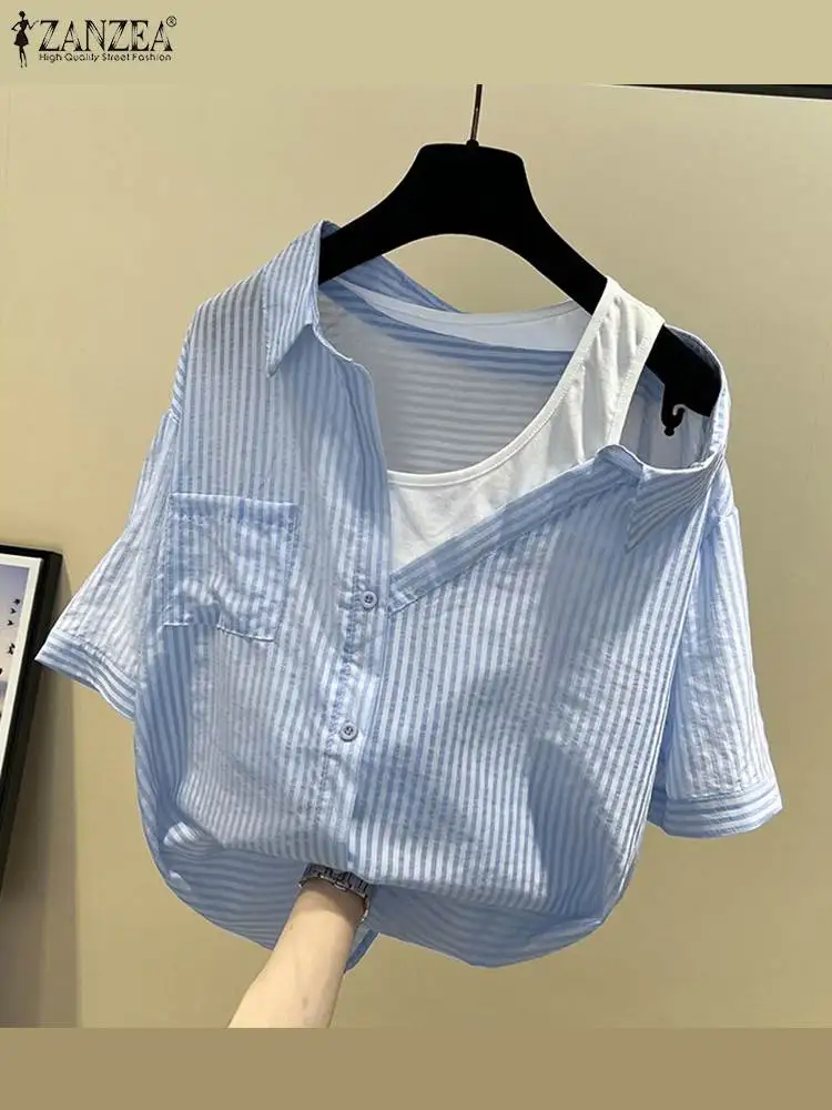 Women Short Sleeve Patchwork Blouse ZANZEA Elegant Summer Shirt Causal Stripe Fake Two Pieces Tops OL Work Holiday Blusas Femme