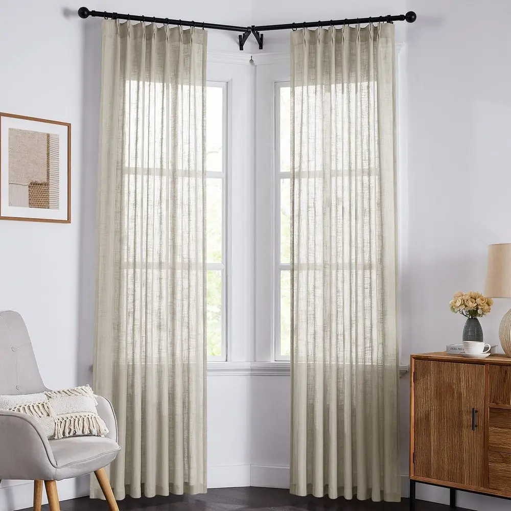 Linnen gordijnen met knijpplooi in boerderijstijl, semi-transparante lichtfiltering, 90 lengte, set van 2 panelen