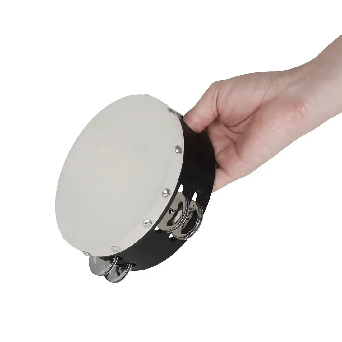 2 Pcs Orff Tambourine 6 Inch 8 Inch Hand-Ranked Bell Drum Double Row Sheepskin Hand-shake Wooden Music Orff Instrument