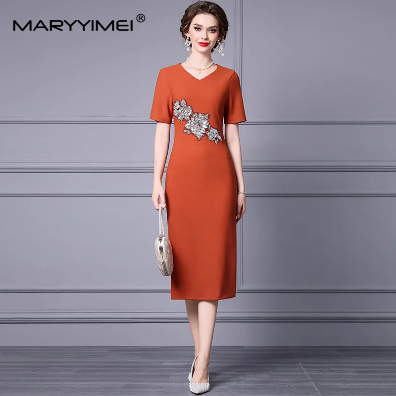 MARYYIMEI Spring Summer Fashion Women\'s Pencil Dress Short Sleeved Beading Sequins Slim-Fit Hip Wrap Commuter Dresses