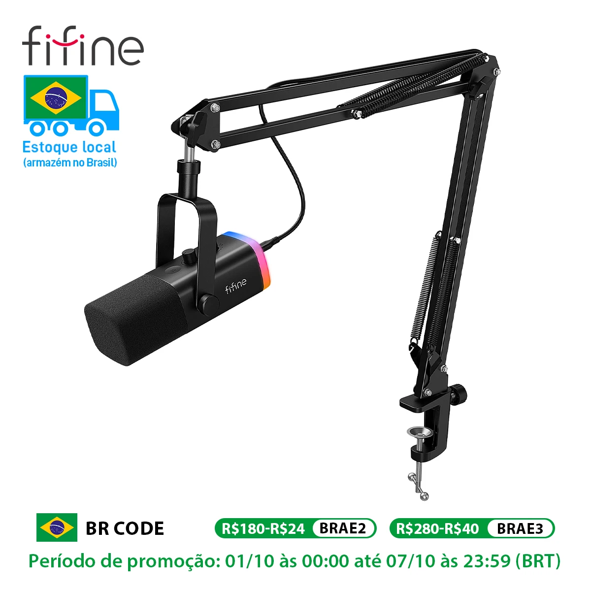 FIFINE-Kit de Microfone XLR Dinâmico com Braço Boom para Mixer,Gaming USB Mic Set, RGB, Controle de Volume para PC, PS5, PS4, Amplificador, AM8T