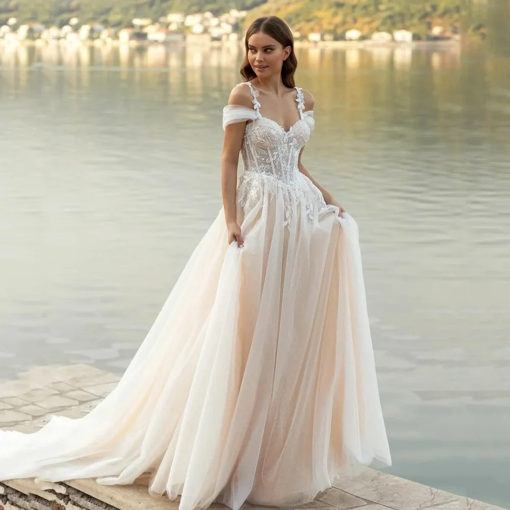 Elegant Long Off the Shoulder Boho Wedding Dresses Sleeveless With Flower Applique Pearls A Line Chapel Train Bridal Gowns