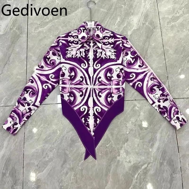 

Gedivoen 2025 Early Autumn Cotton Long-Sleeved Short-Skirted Women's Shirt with Dark Purple Ceramic Print Single-Button Collar S