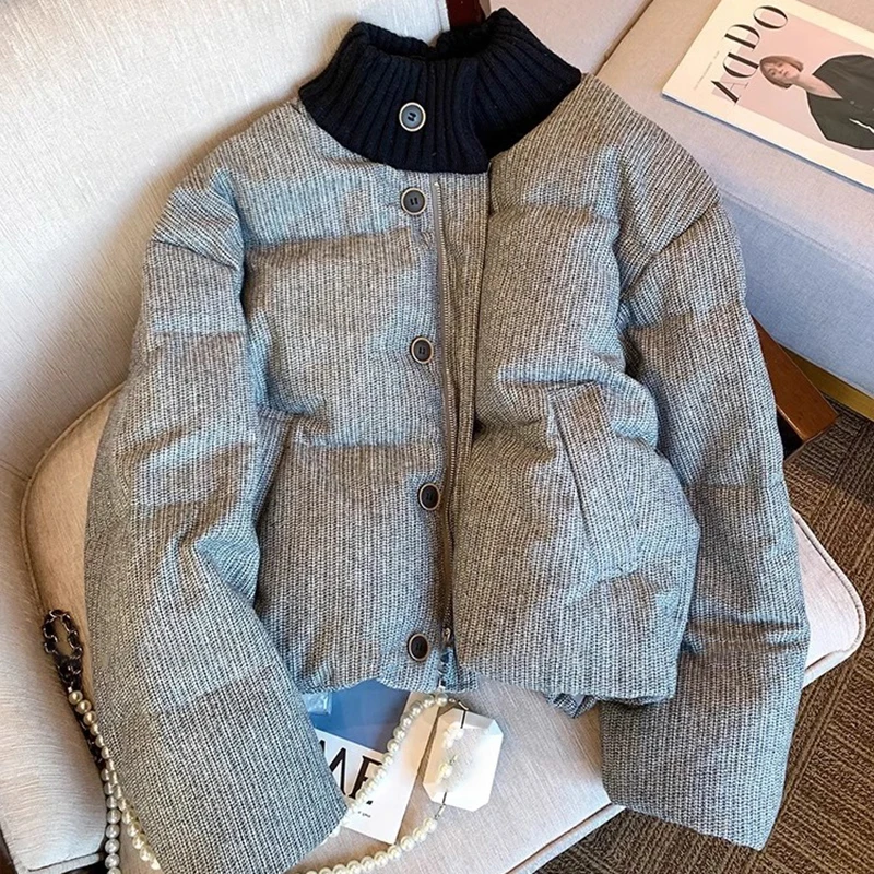 

Women's Casual Fashionable Outerwear High-end Color-block Knitted Cotton Jacket Autumn Winter Trendy Versatile Thickened Coat