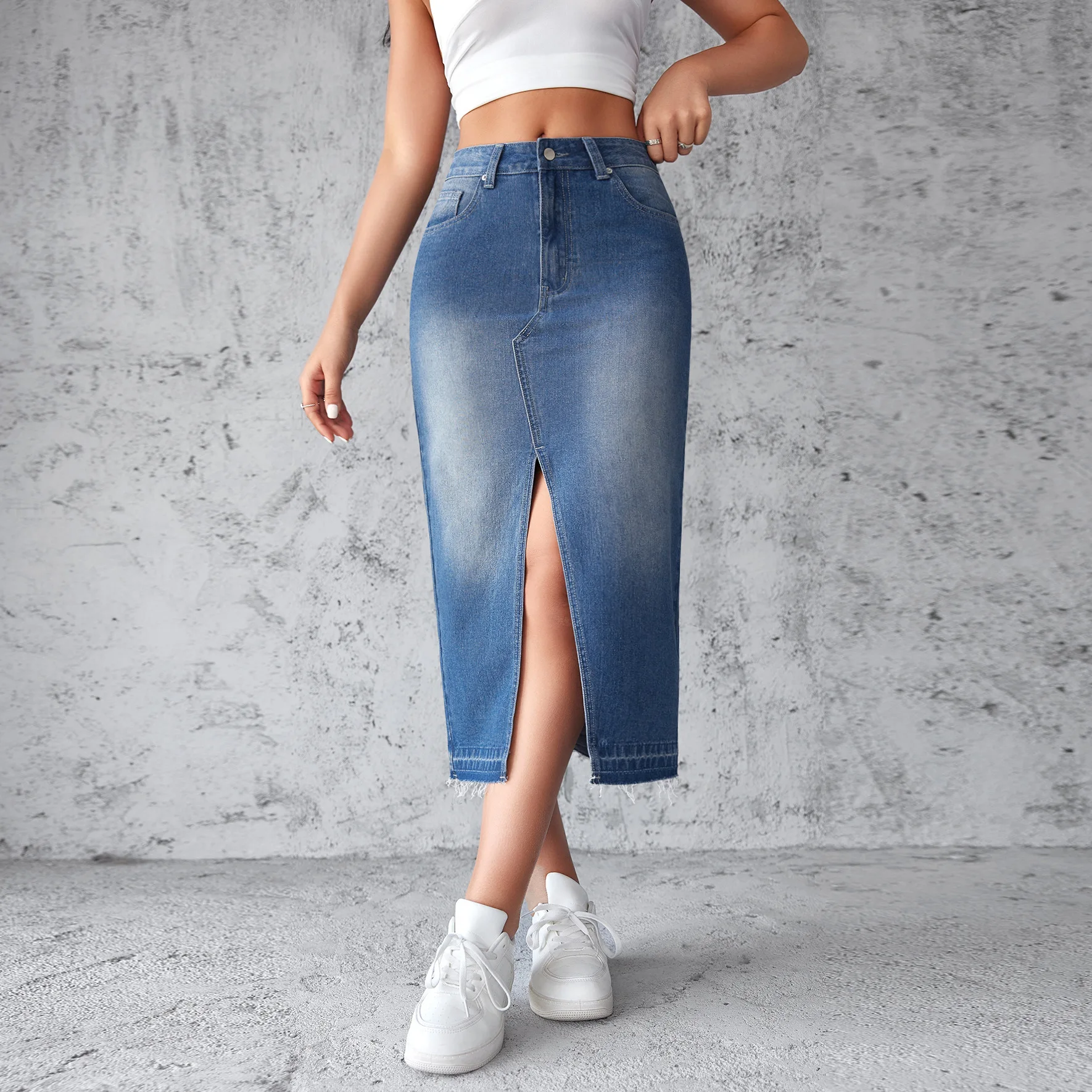 Europäisch-amerikanisches Modedesign: Lässiger Jeansrock mit Schlitz, Neuer A-Linien-Rock mit hoher Taille für Damen im Frühling und Sommer